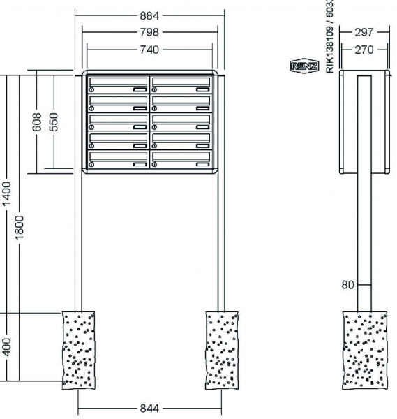 RENZ Briefkastenanlage freistehend, RS4000, Kastenformat 370x110x270mm, 10-teilig, zum Einbetonieren